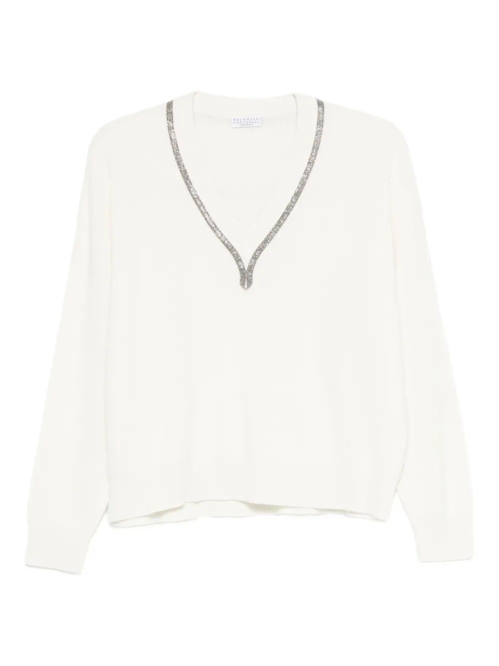 Brunello Cucinelli Embellished V-neck Cashmere Sweater In White