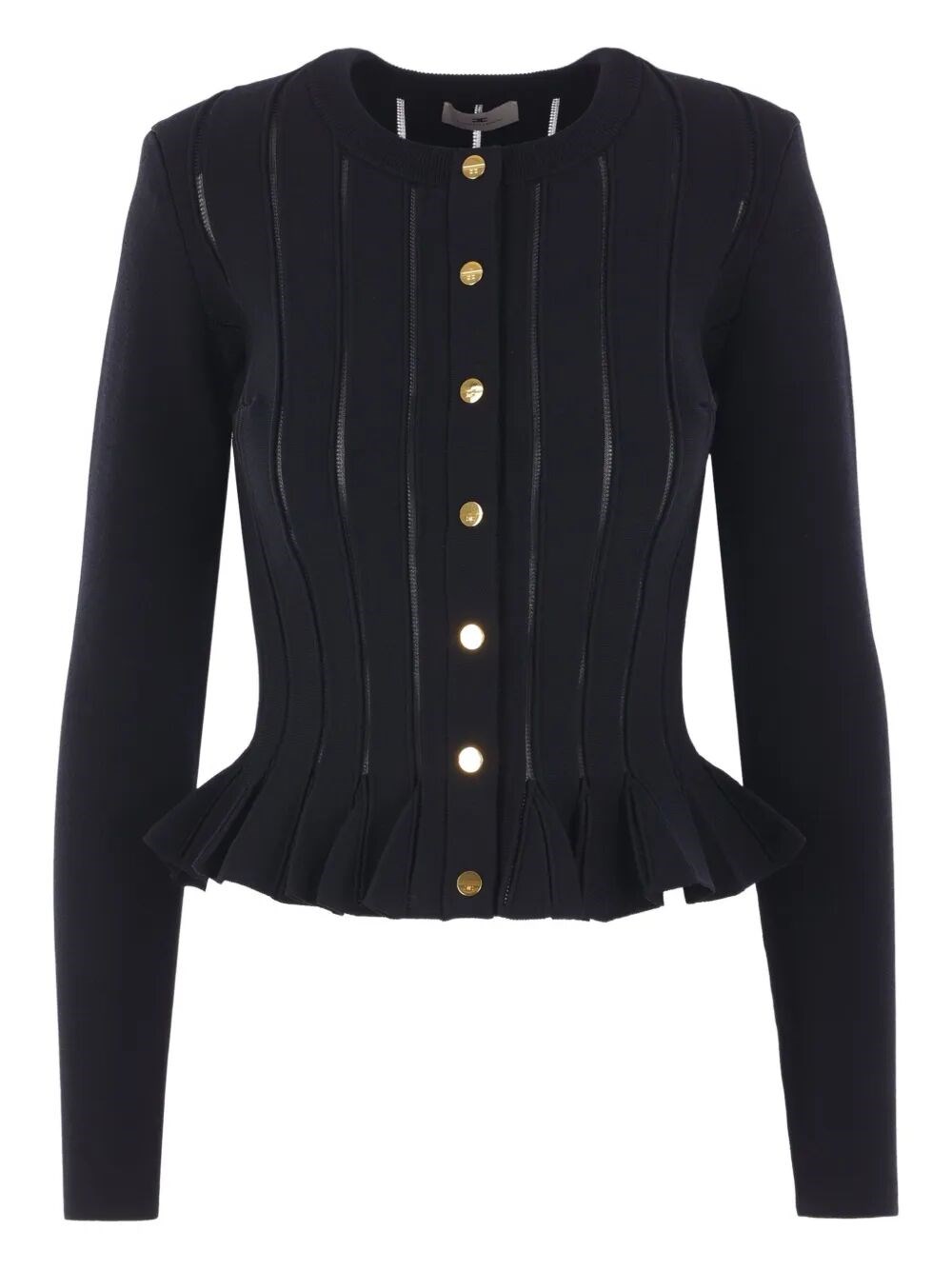 Elisabetta Franchi Tricot Pattern Sweater With Padded Shoulder Straps And Embroidered Hem In Black