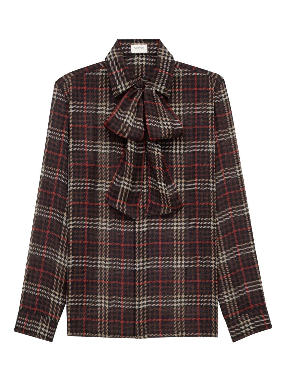 Saint Laurent Plaid Bow Detail Collared Neck Long Sleeves In Brown