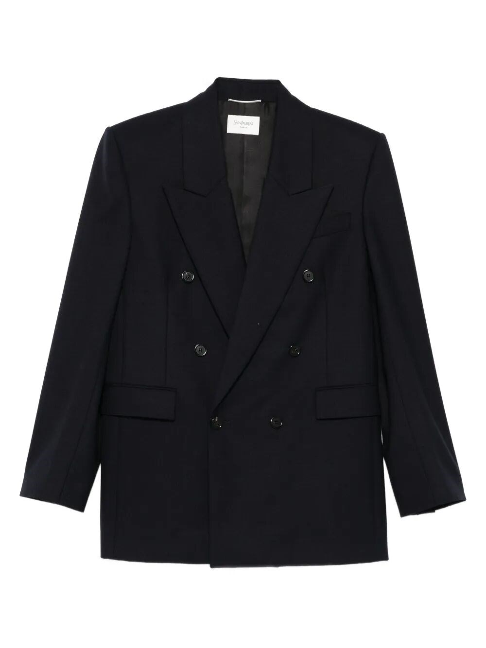 Saint Laurent Wool Center Vent Peak Lapel Double-breasted Blazer In Black