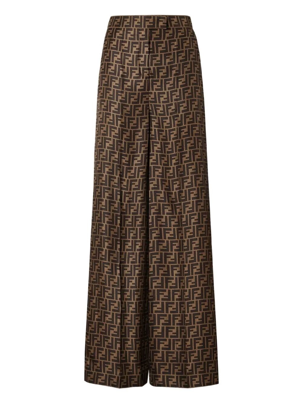 Fendi Ff Silk Twill Wide Leg Trousers Clothing In Brown