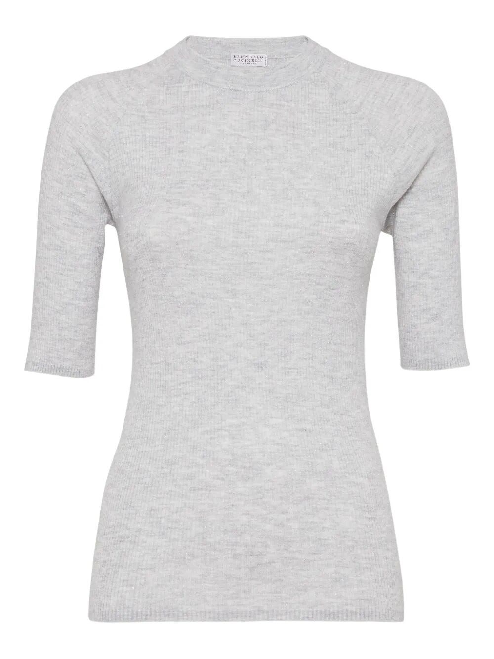 Brunello Cucinelli Cashmere Sparkling Short-sleeve Sweater In Gray