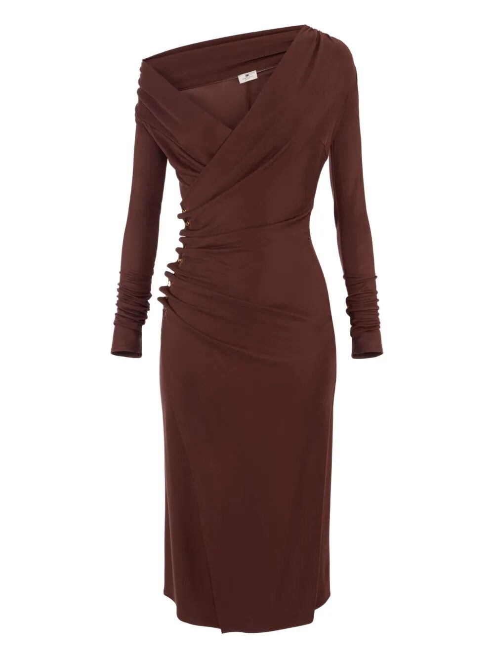 Elisabetta Franchi Brown Draped Midi Dress With Asymmetric Neckline In Viscose Stretch Woman In Animal Print