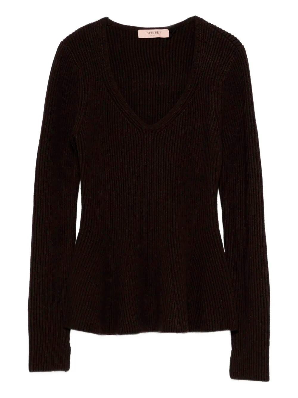 Twinset Fitted Ribbed Knit Sweater With Deep V-neckline In Brown