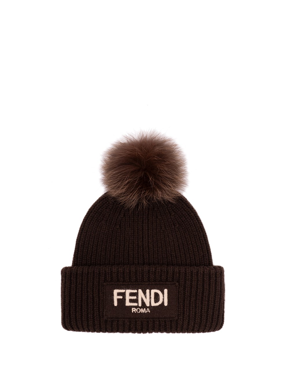 Fendi Brown Pompon Embroidered Logo Beanie Hat In Brown