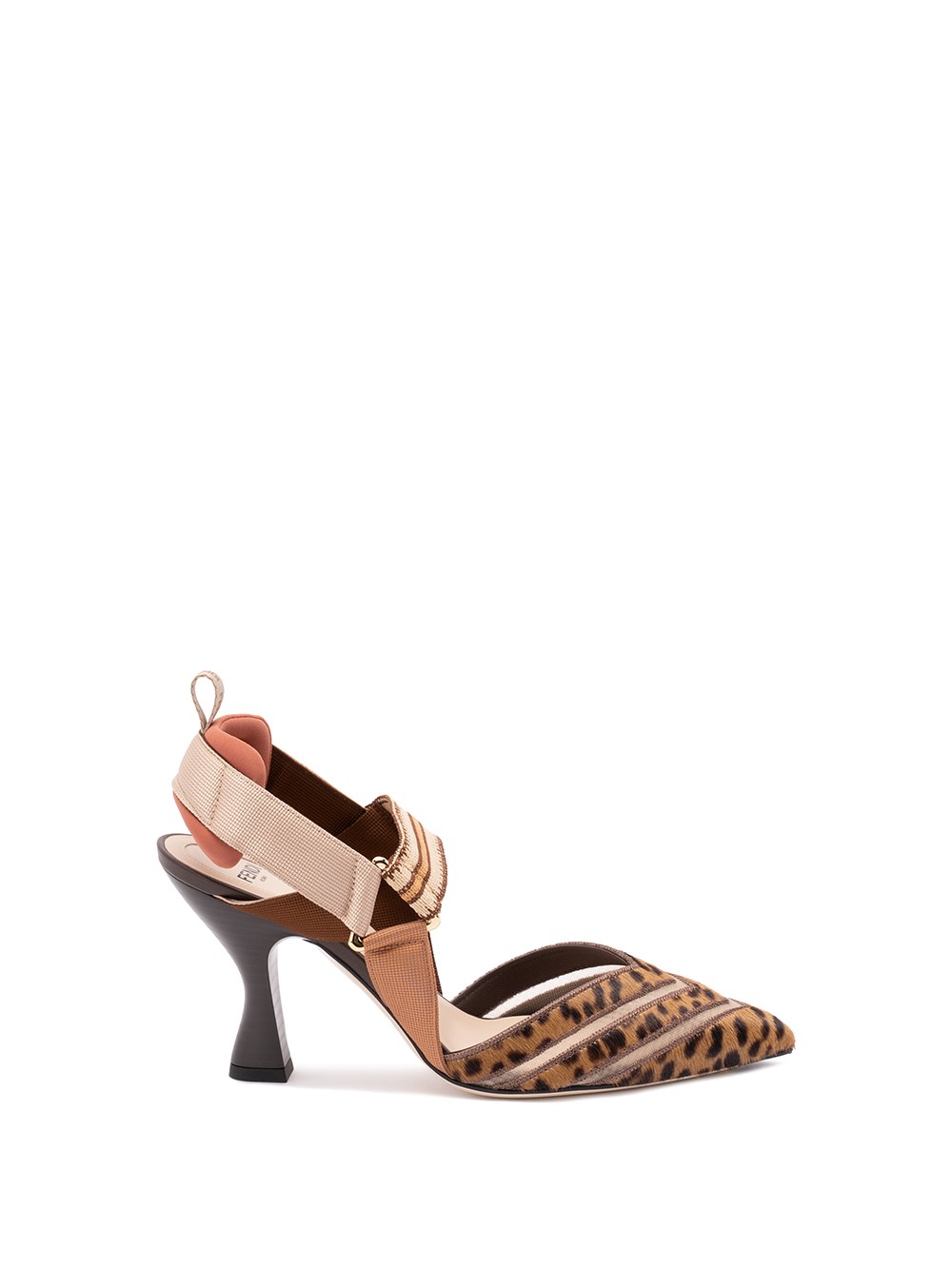 Fendi High-heeled Mesh And Multicolor Cavallino Calfskin Slingbacks In Brown