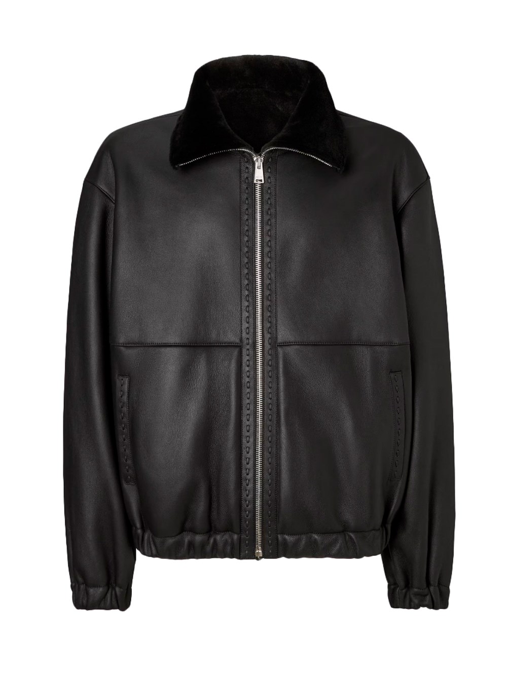 Fendi Men Black Shearling Jacket With Dropped Shoulders And Ff Patch On The Rear In Leather Man In Black