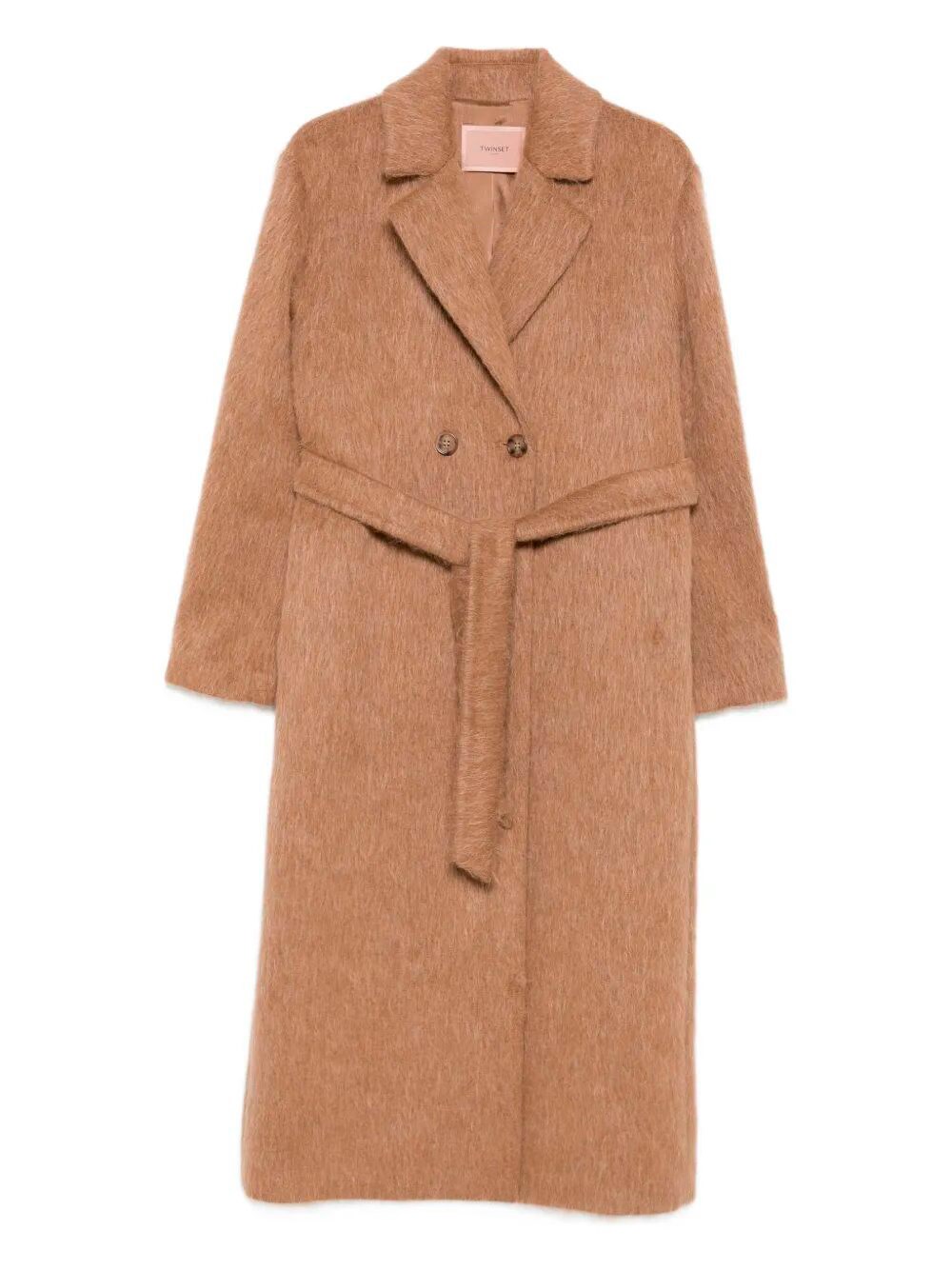 Twinset Double-breasted Belted Coat In Brown