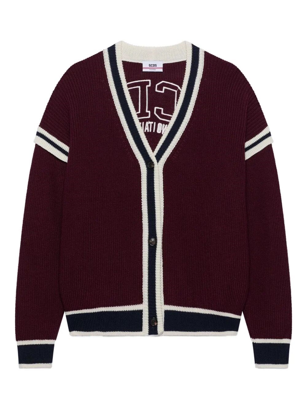 Gcds College Striped Cardigan V-neck In Burgundy