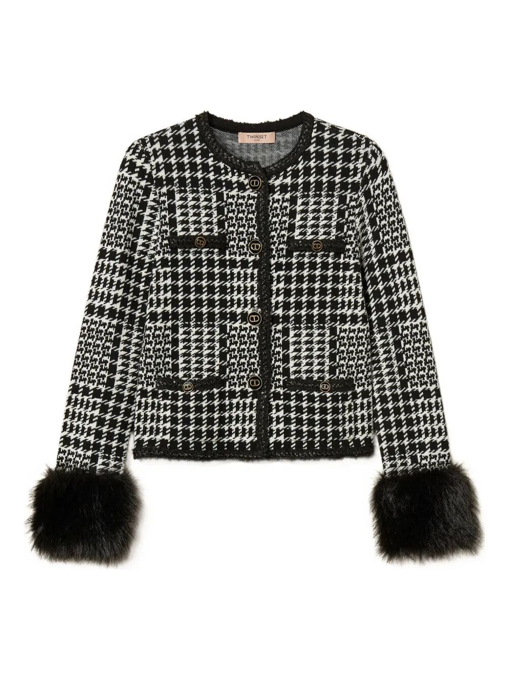 Twinset Houndstooth Pattern Jacket With Faux Fur Accents In Gray