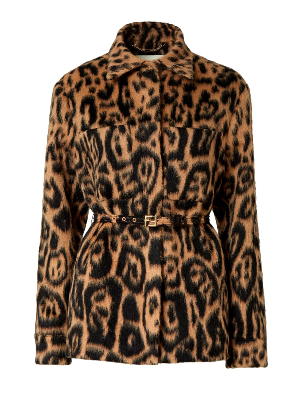 Fendi Women Multicolor Coat With Ff Buckled Belt On The Front And All-over Leopard Motif In Wool Ble In Brown