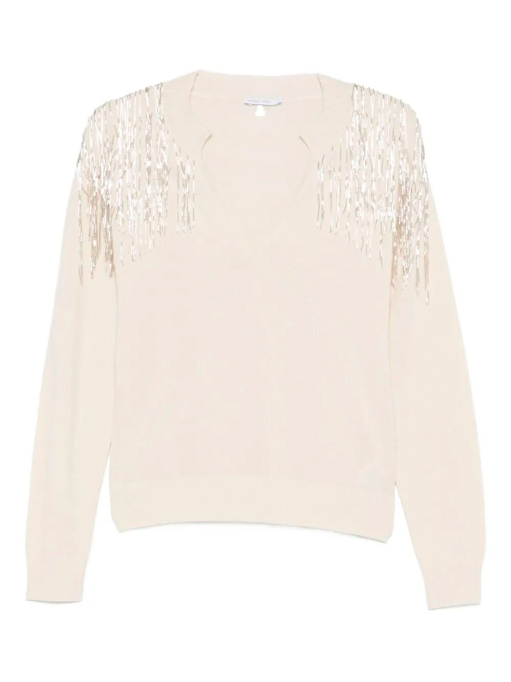 Patrizia Pepe Fringe V-neck Sweater In Gray