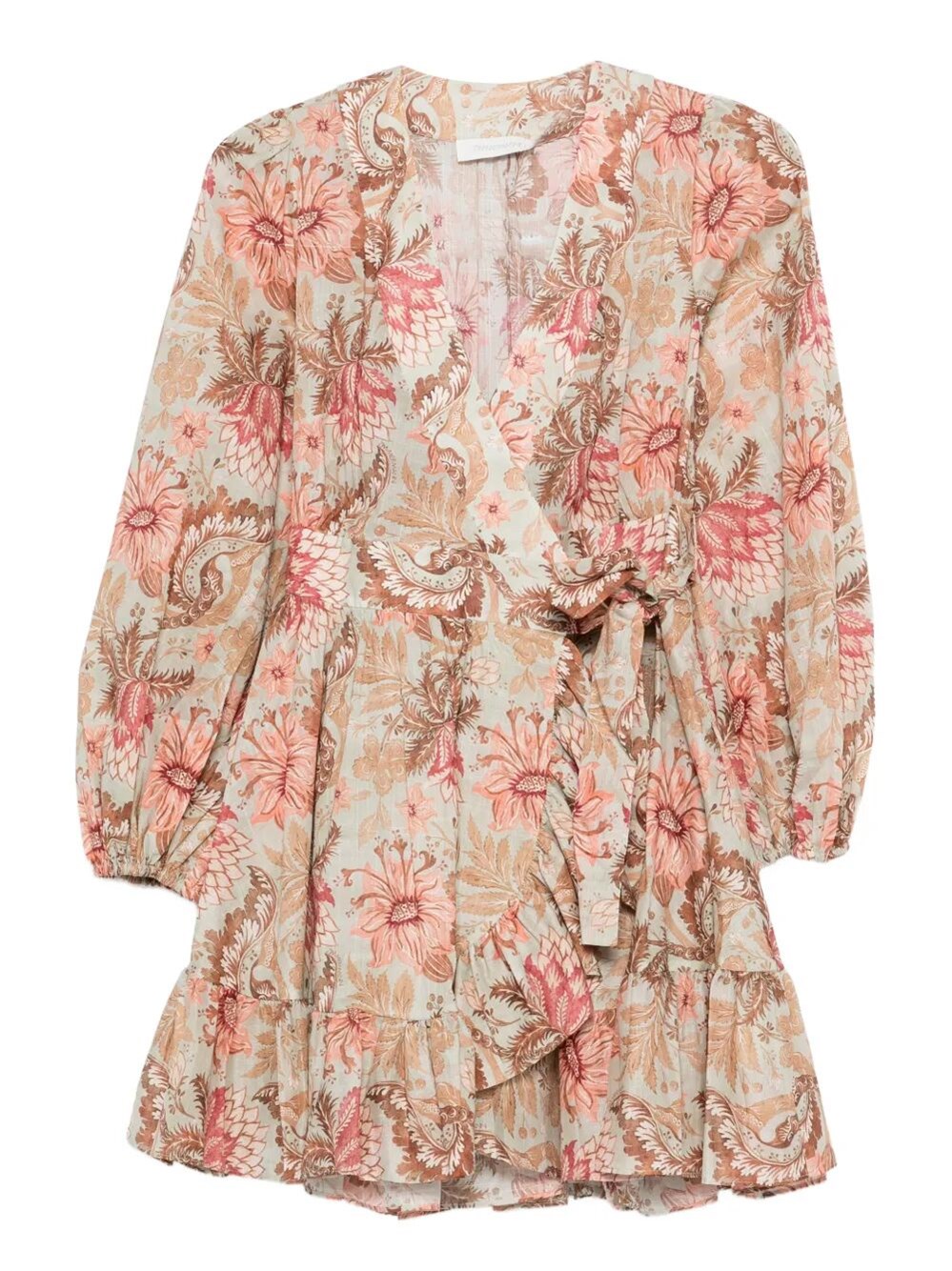 Zimmermann Daylight Mini Wrap Frill Dress Stamp Floral Sage In Brown