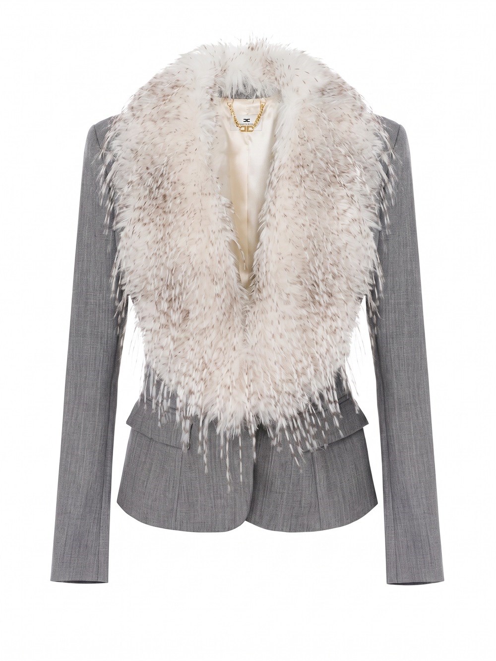 Elisabetta Franchi , Blazers, Female, Gray, L, Wool Jacket With Fur-Effect Collar - Image 2